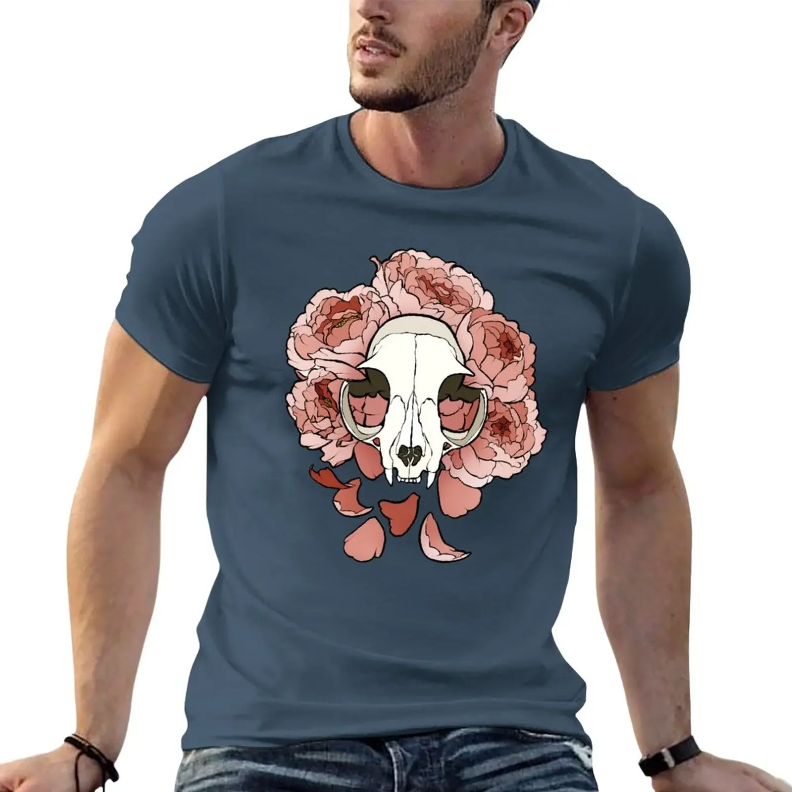 Cat and peonies- pink T-Shirt vintage customs tshirts for men