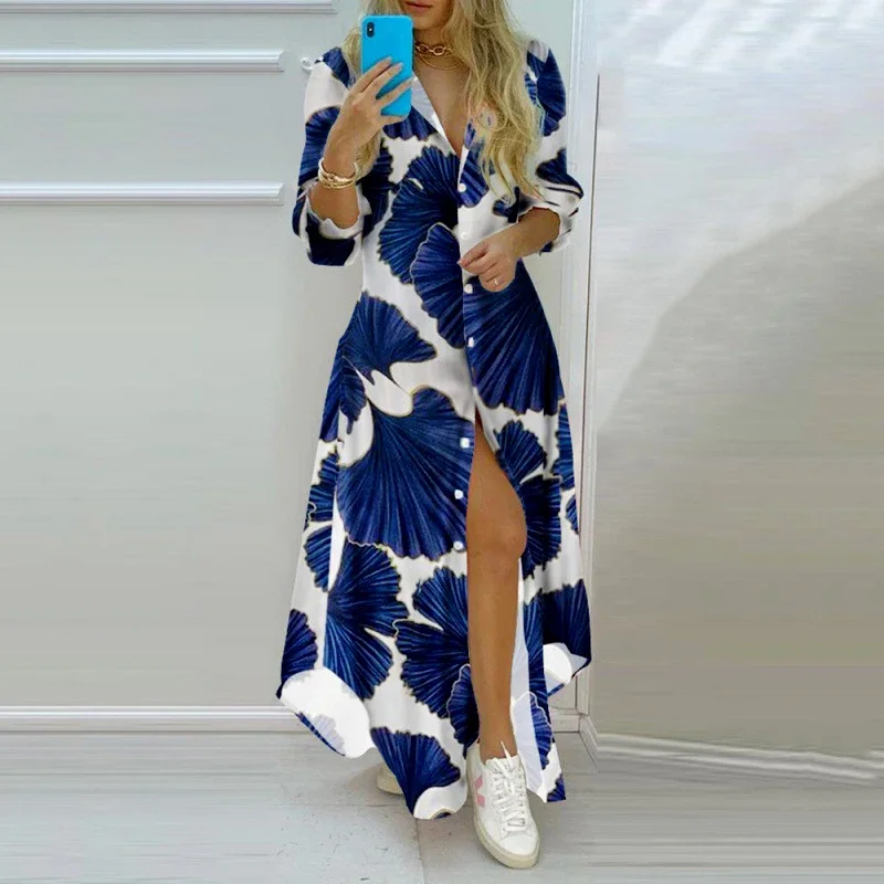 Summer Women Boho Printed Long Shirts Elegant Sexy Turn Down Collar Long Sleeve Female Casual Split Shirt Evening Long Dress