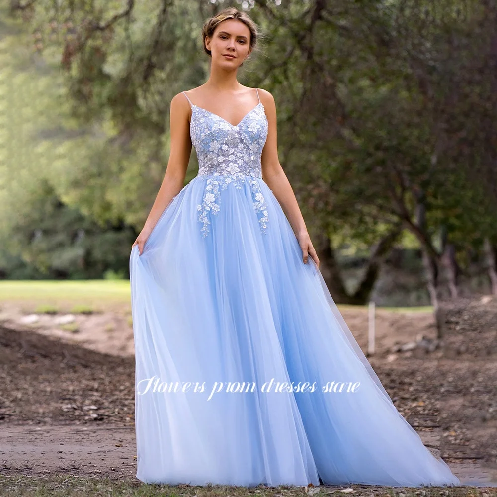 

Flowers Tulle Party Dress Lace Applique Evening Gowns Prom Gowns Sexy V Back Princess Gowns Straps vestidos de fiesta Customized