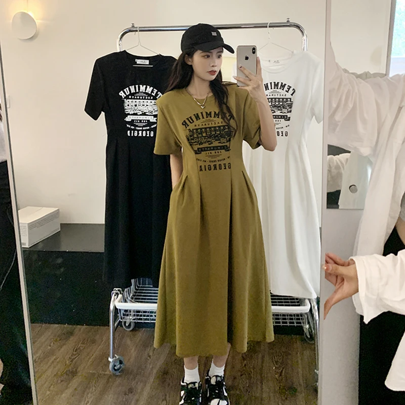 Women's Vintage Letter Waist Dress 2023 New Summer Print Slim Long T-Shirt Dress Female Korean High Waist Elegant Pullover Dress