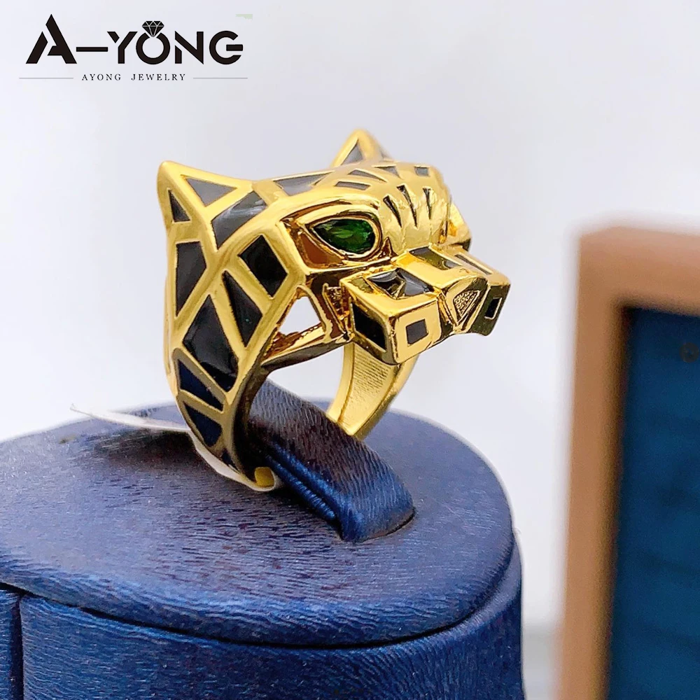 Anillos grandes con cabeza de leopardo de Hip Hop de lujo, chapado en oro de 21k, Zirconia de Dubái, anillo pantera de moda, joyería Punk de Oriente Medio