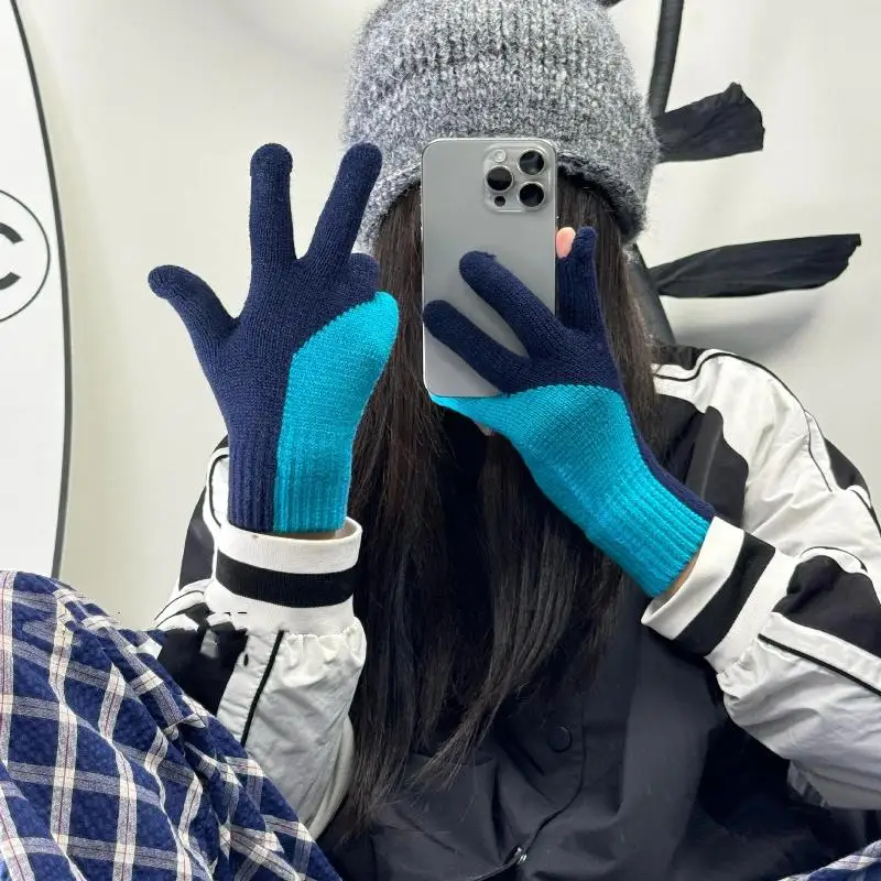 

Перчатки для сенсорного экрана в корейском стиле, цветные блоки, милые вязаные перчатки без пальцев на флисовой подкладке, толстые теплые зимние ветрозащитные перчатки