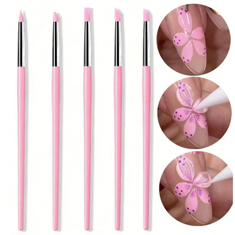 

5Pcs/Set Pink Silicone Nail Art Brushes 5 Kinds Heads Craving/Embossing Flower Nail Pen DIY Dotting Gel Shaping Manicure Tools