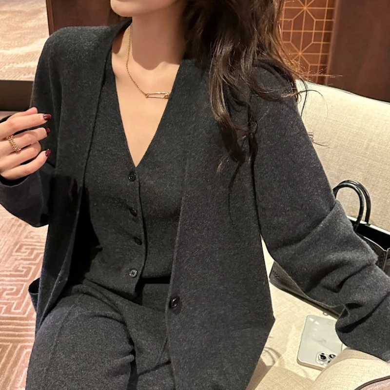 Cardigan Knitted Vest Wide-leg Pants Women's Vest Casual Autumn Winter Three-piece Fashion Elegant Leisure Suit Women's Clothing