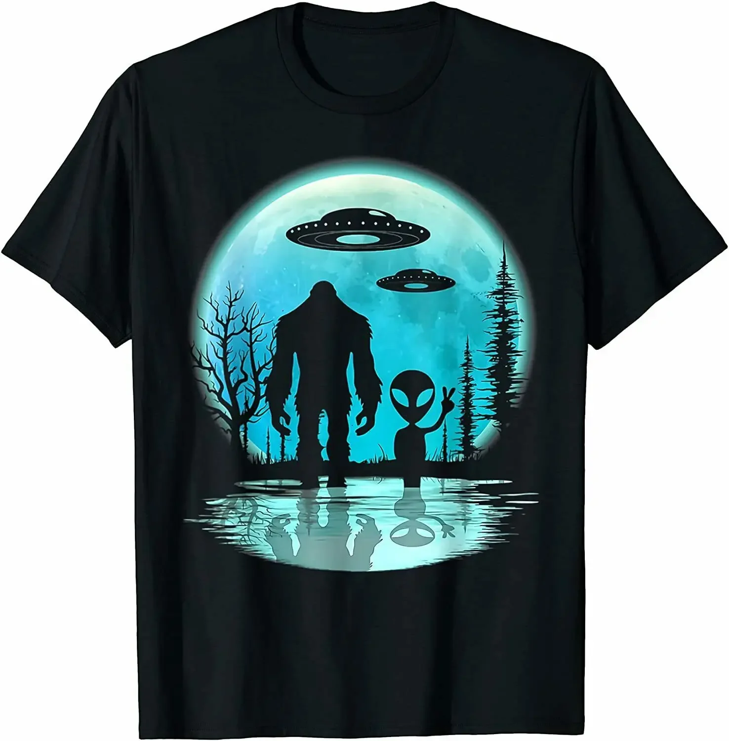 

Cool Printed Tees Alien And Bigfoot Moon Graphic T-Shirt 100% Cotton Casual T-shirts Men's Loose Top Size S-3XL