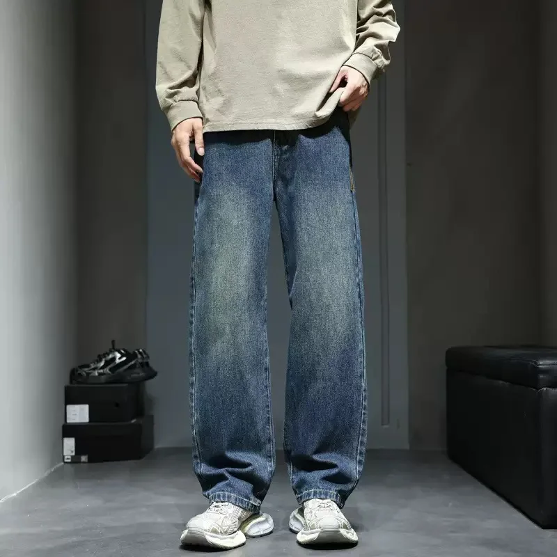 Spring and Autumn new solid color American retro straight-leg sports jeans men's casual loose breathable high-quality long pants