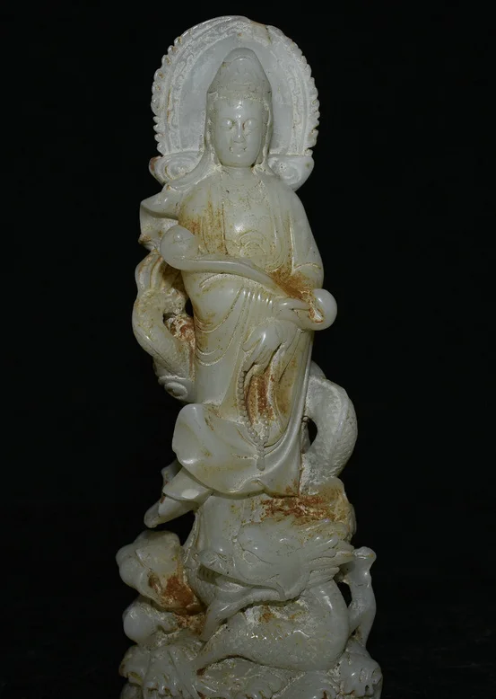 8.8” Old Chinese White Jade Carving FengShui Kwan-yin Goddess Dragon Statue