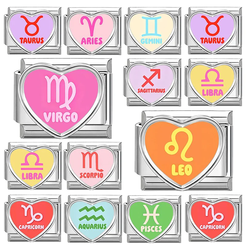Pink Virgo Yellow Leo Purple Taurus Constellation Italian Charms Fit 9mm Stainless Steel Women Fashion Bracelet DIY Jewelry Gift
