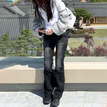 Karrram Vintage Distressed Low Waist Jeans Grunge Asymmetrical Waist Denim Pant Korean Fashion Black Flare Jeans Kpop Streetwear 6