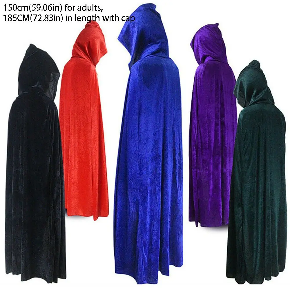 Solid Color Velvet Cloak Reversible Design Full Length Long Cape Black Red Green Velvet Material Hooded Robe Anime Convention
