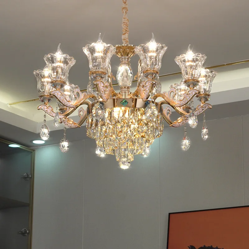 

European-style Light Luxury Living Room Crystal Chandelier Luxury Atmosphere Villa Fashion Bedroom Lamp High Ceiling Golden Lamp
