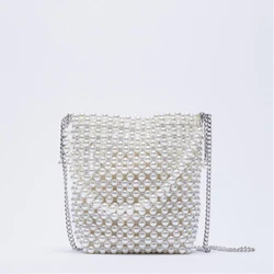 ZA New Pearl Beaded Bag White Beaded Fairy Portable Messenger Bags with Chain Female Purses and Handbags Cross Body Bag Woman