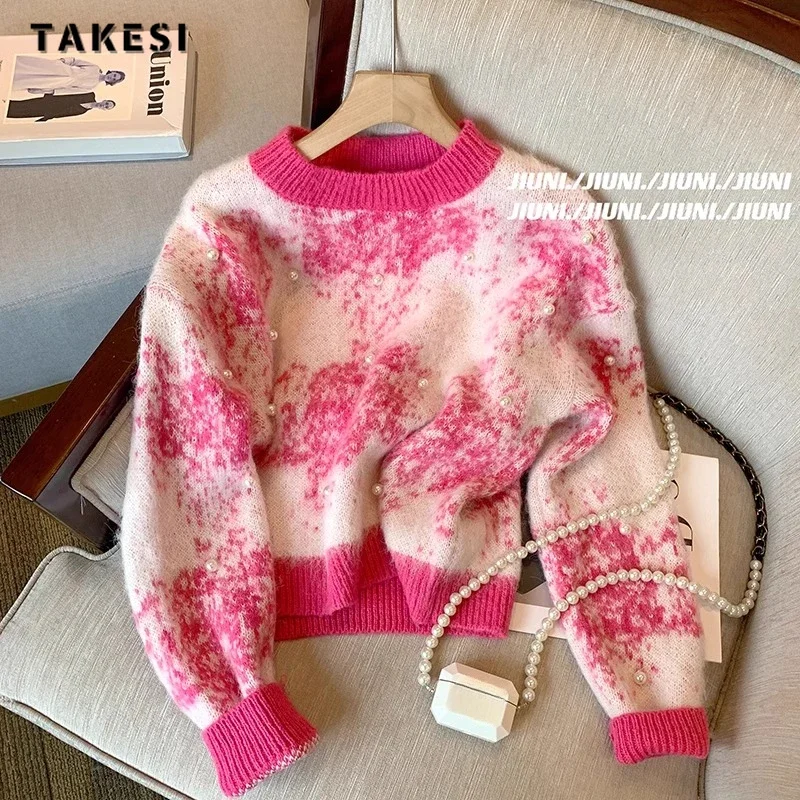 

Sweet Casual Knitting Long Sleeve Pullovers 2023 Winter Women Printting Jumpers Patchwork Round Neck Ladies Pink Sweater