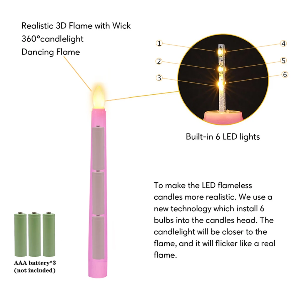 20cm LED Taper Candles Timer Remote & 3D Flickering Flames Battery Operated Fake Candle Pink Wedding Home Decoration Long Candle