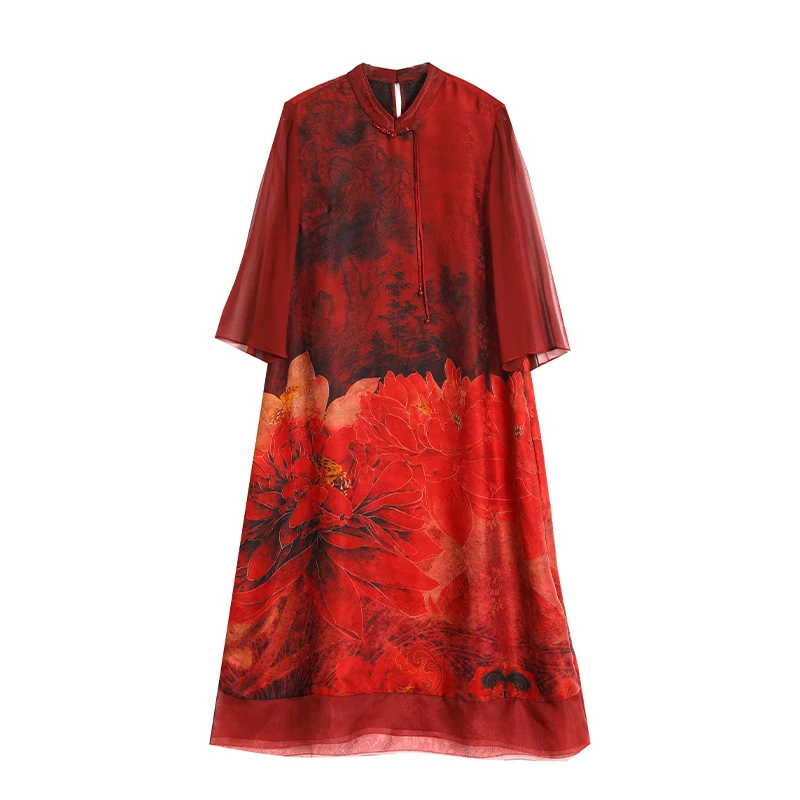 2024 Summer Red Silk Floral Luxury Wedding Dress Chinese Style Short Sleeve Loose Dress Women Korean Vintage Elegant Party Dress