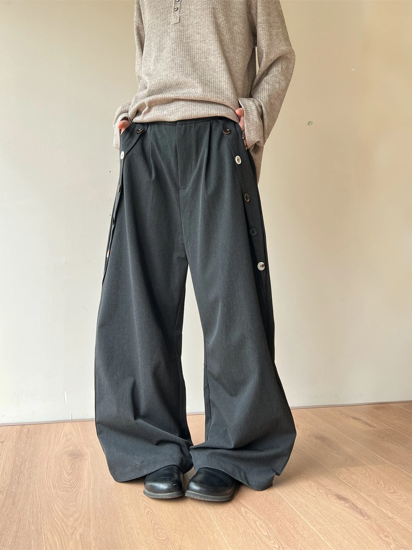 Neutral Commuter Style Double-Breasted Wide Leg Pants Men Women Casual Trousers Comfortable Straight Cut Long Polyester Blend
