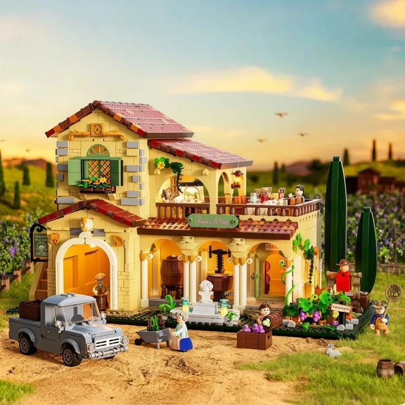 บล็อกตัวต่อประกอบรูปไร่องุ่น ของเล่นจำลองทิวทัศน์ถนนในฟาร์มน่ารัก ของตกแต่งบ้านขนาดใหญ่สำหรับวางบนโต๊ะ ของขวัญวันหยุดสำหรับเด็ก