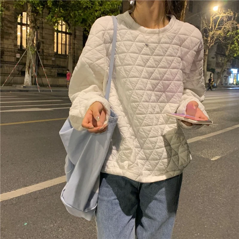 Loose round Neck Sweatshirt Women's Autumn Winter Korean Style Versatile Pure Color Design Sensation Small Audience Fashion Top