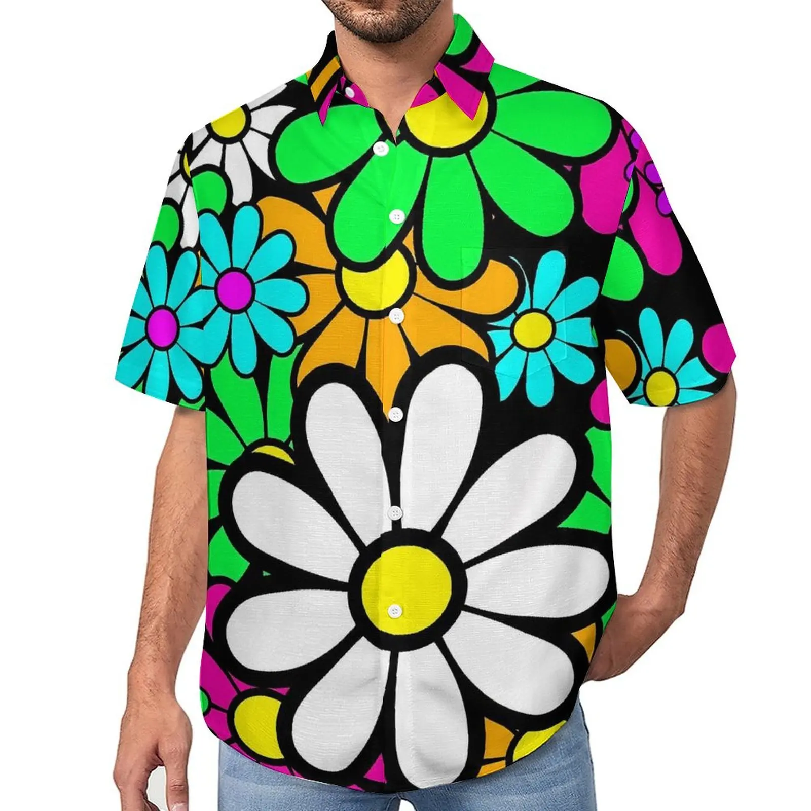 

Retro Flower Power Casual Shirts Happy Daisies Beach Shirt Summer Fashion Blouses Man Graphic Big Size