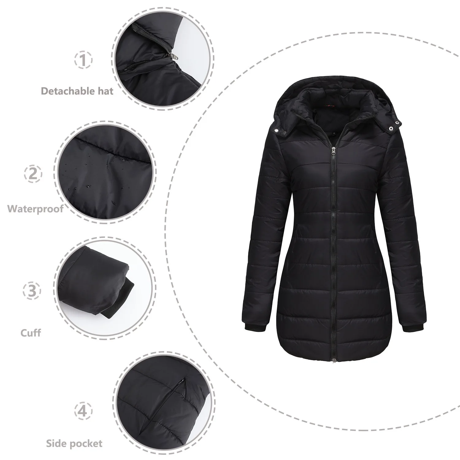 Women's Water-Repellent Cotton-Padded Jacket 2025 Long-Sleeved Warm Autumn Winter Coat with Detachable Cap