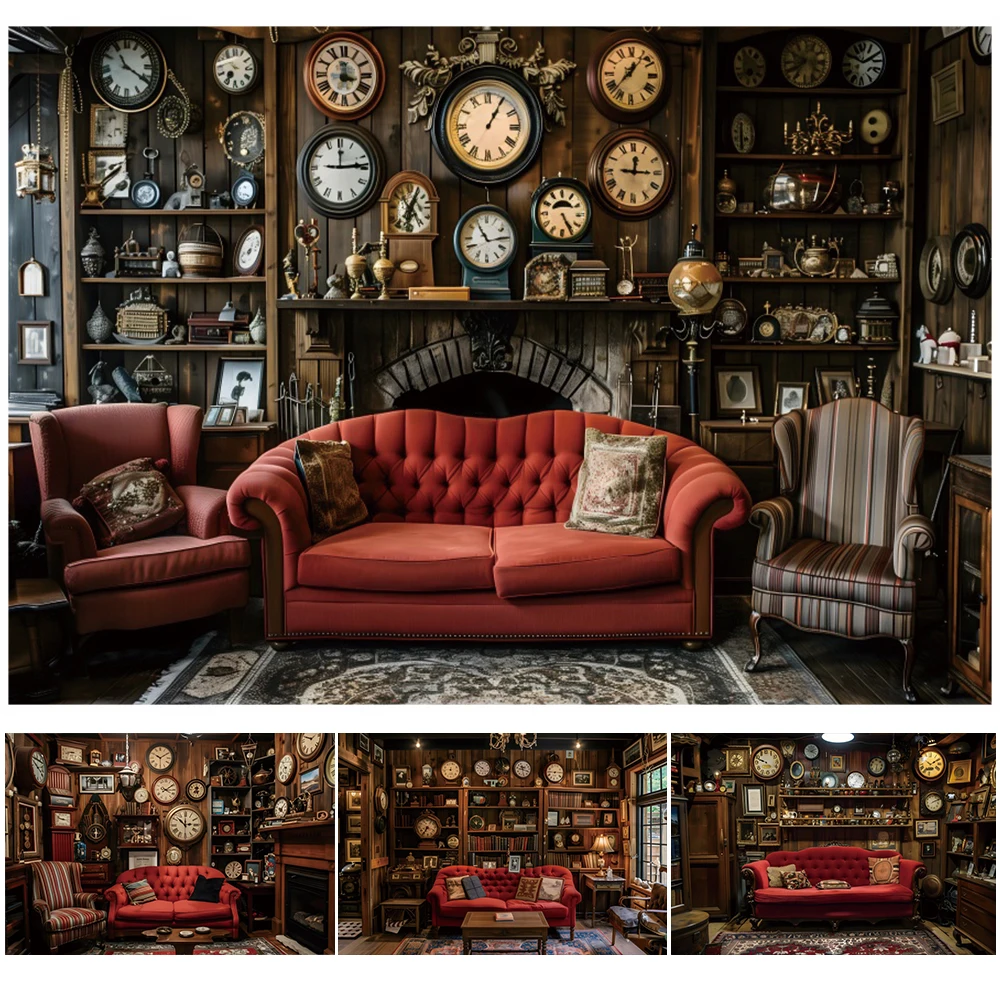 

Vintage Clock Shop Backdrop Luxury Room Retro Wooden Bookshelf Red Sofa Office Study Scene Wall Decor Photography Background