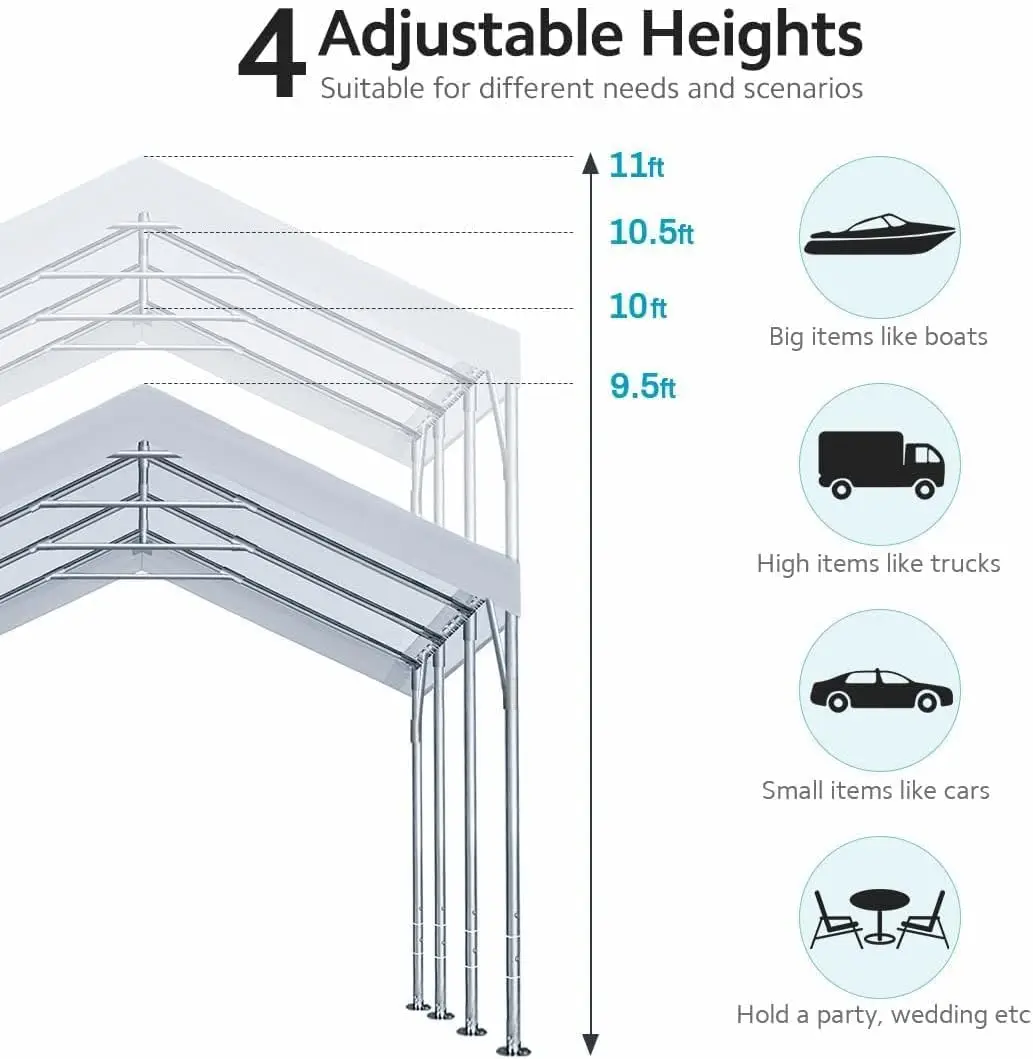 12x20 ft Heavy Duty Carport Potable Car Canopy Garage Party Tent Boat Shelter, Adjustable Height from 9.5 ft to 11 ft, White