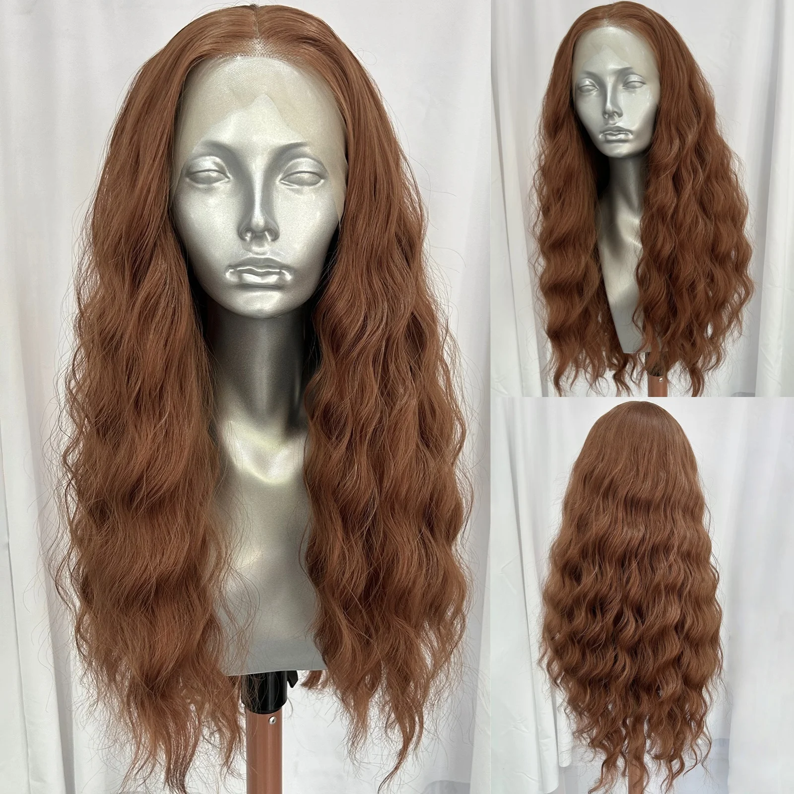 

Длинные коричневые свободные вьющиеся волнистые парики фронта шнурка 13X4 для женщин Средняя часть Светло-коричневый Рыжий каштановый цвет Глубокая волна Ежедневная вечеринка