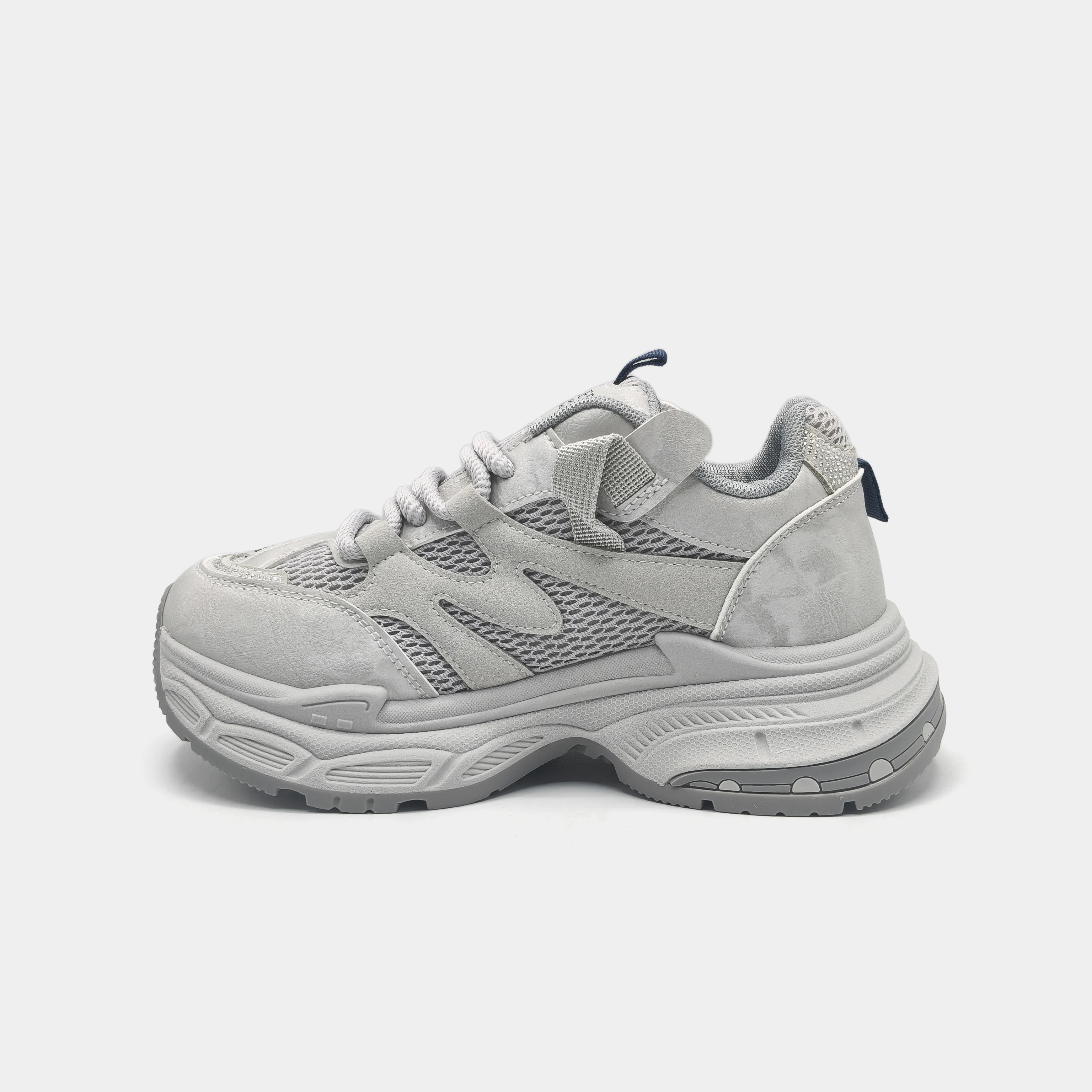 Zapatillas deportivas informales con plataforma gruesa y parches de purpurina gris para mujer, transpirables, con cordones y suela gruesa, para uso diario
