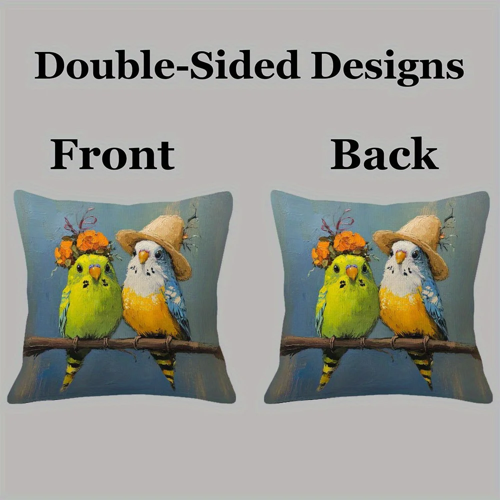 Cute Budgie Wearing Hat Double-Sided Pillowcase, Parakeet Bird Pattern Cushion Cover with Zipper, Washable Decor Case