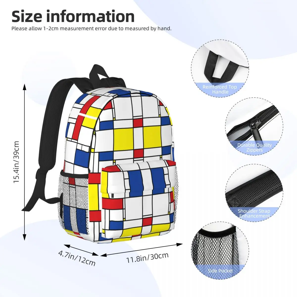 Mondrian Minimalist De Stijl Modern Art I.I Fatfatin กระเป๋าเป้สะพายหลังชายหญิง Bookbag นักเรียนโรงเรียนกระเป๋า Rucksack ไหล่กระเป๋า