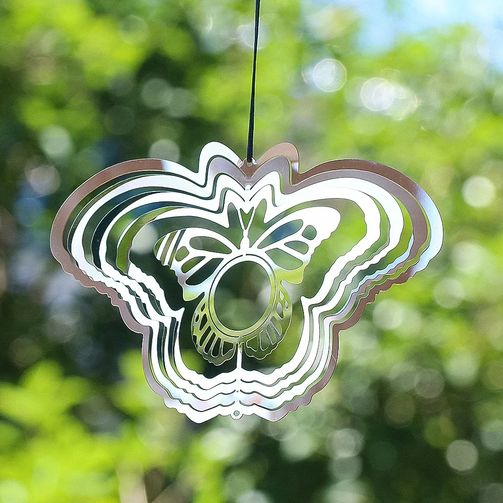 3D Silver Butterfly Rotating Wind Chime Stainless Steel Reflector Bird Repeller Hanging Garden Patio Ornaments Home Decor