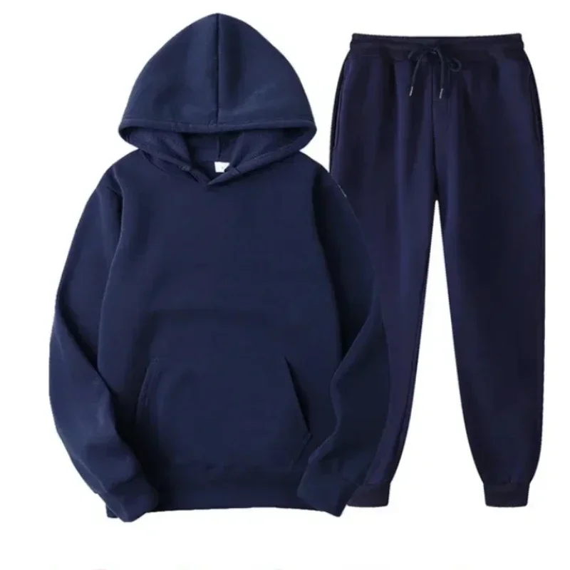 New Casual Loose Men Women Tracksuit Hoodies Solid Thick Pullover + Long Pants 2PCS Sets Men Autumn Fleece Sports Running Sets