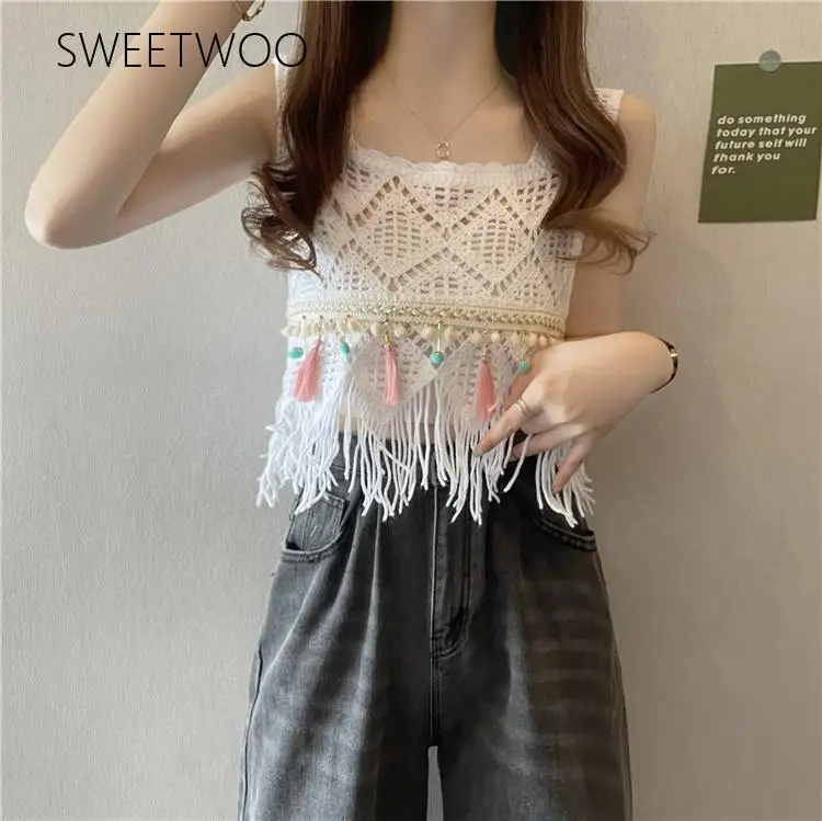 Fringed Crochet Tank Top for Women Sleeveless Square Neck Crop Top with Tassel Spring Summer 2026 Boho Vacation Outfit