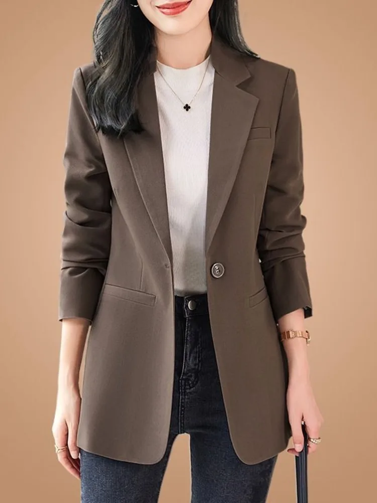 Women Chic Office Lady Blazer Fashion Long Sleeve Solid Color Single Button Classic Temperament Elegant Chic Blazers