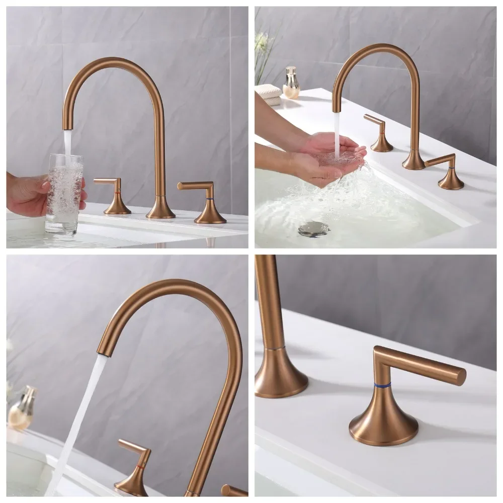 Brushed Rose Gold Double Handle 3 Hole Bathroom Sink Faucet Hot Cold Water Basin Tap