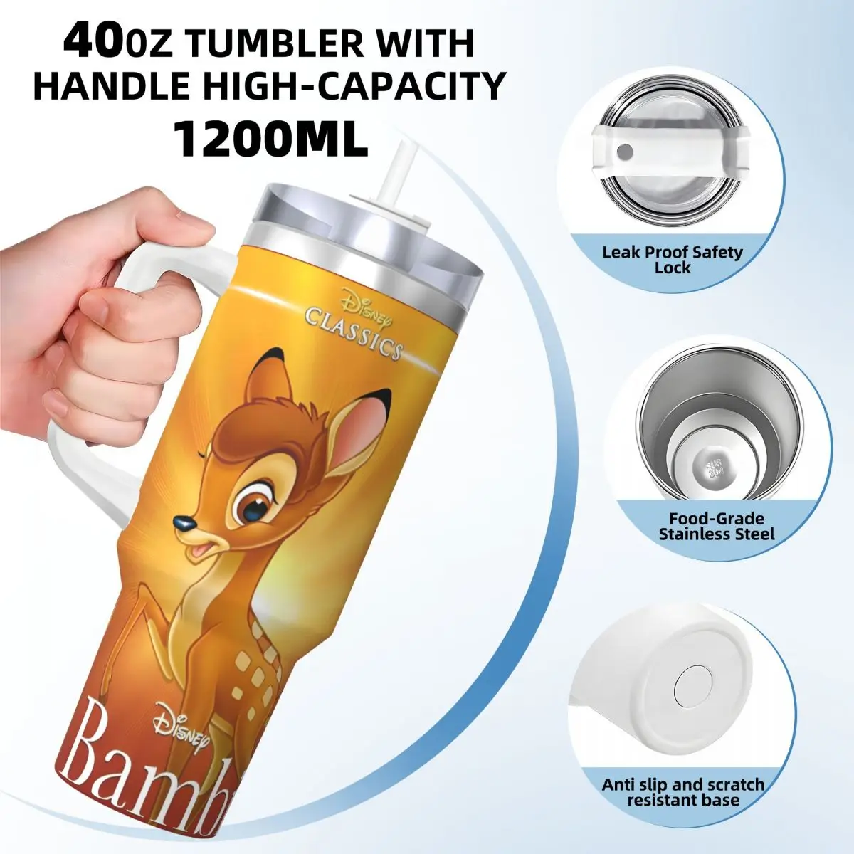 Bambi Cartoon Stainless Steel Tumbler Travel Car Mugs Capacity Thermal Cups Heat Preservation Cold Drink Milk Tea Water Bottle