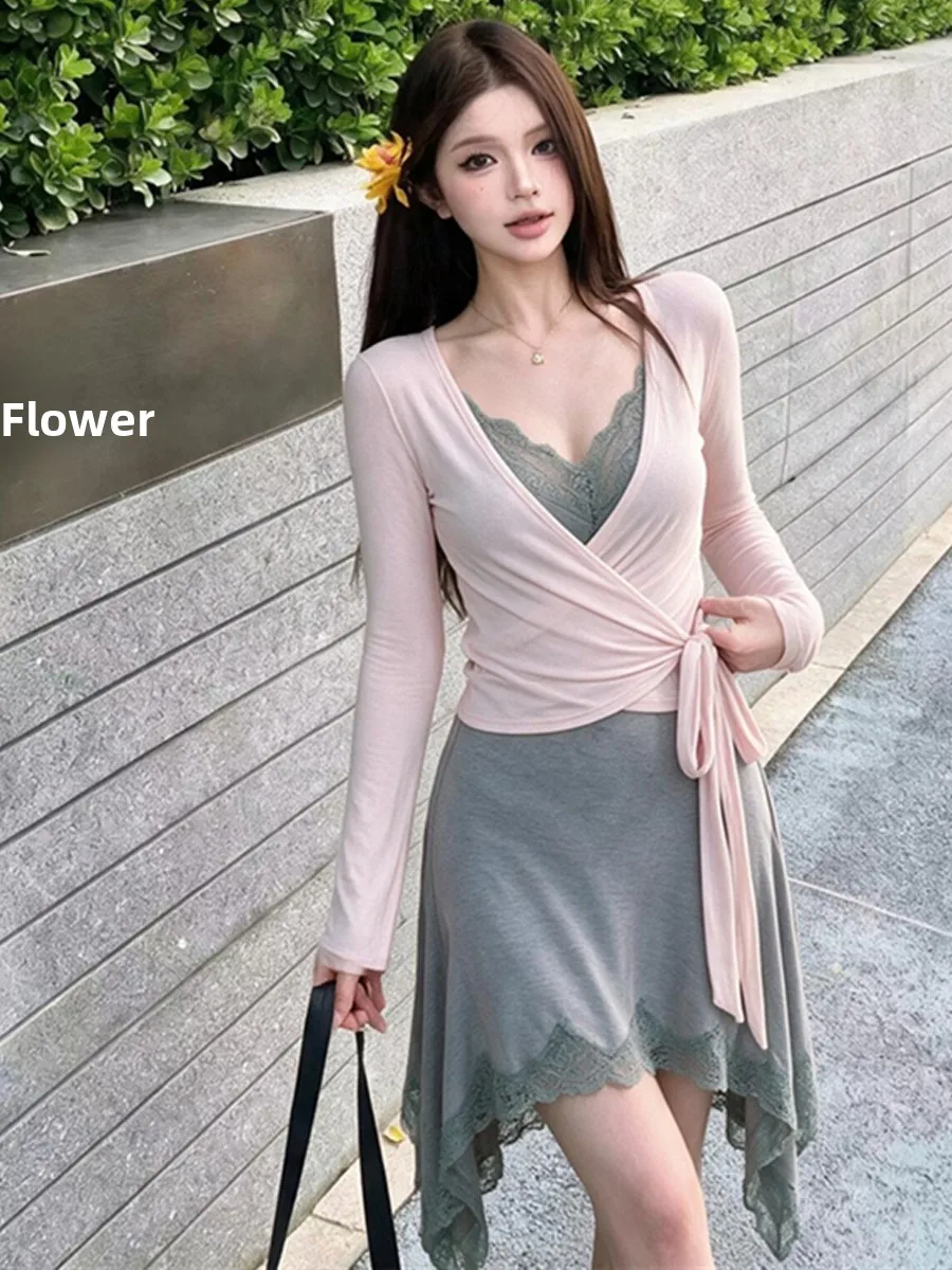 Sexy Pure Desire V-neck Lace Splice Asymmetrical Strap Dress Pink Belted Open Cardigan Outerwear Autumn Winter New Style