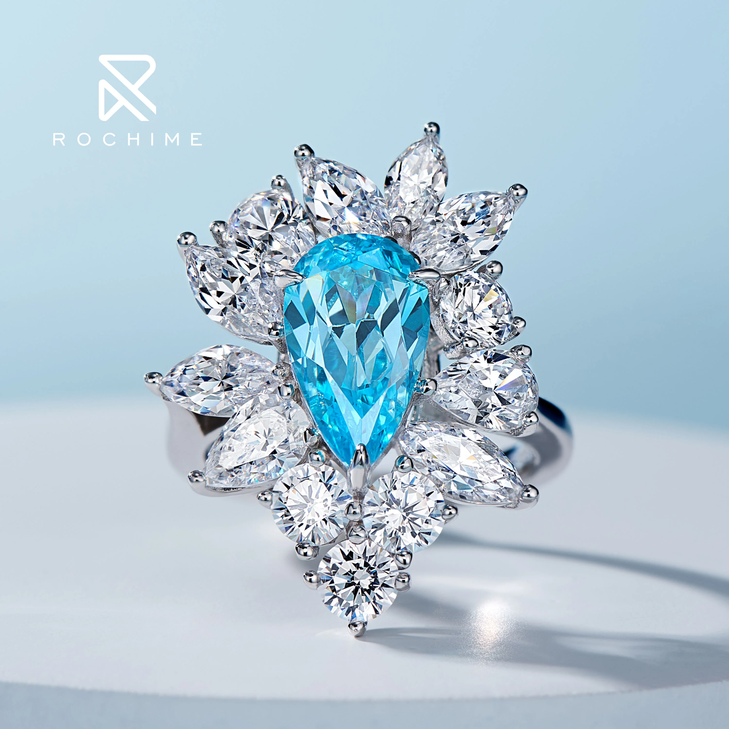 Rochime Fashion Jewelry Luxury Aquamarine Rings 925 Sterling Silver Gold Plated Luxury Fine Jewelry Zircon Ring For Women