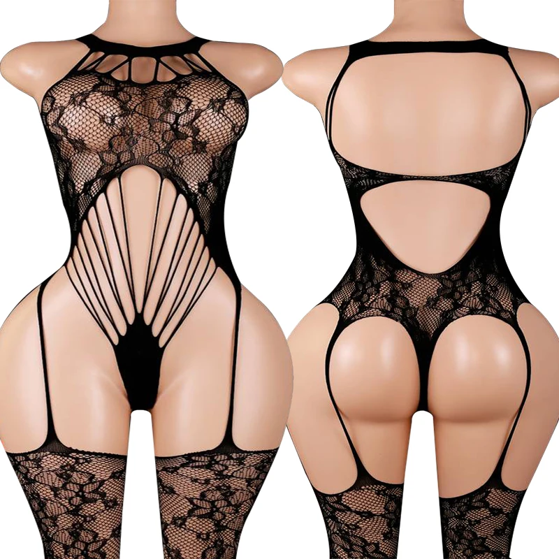 Nuevo mono sexy con estampado de leopardo y diseño hueco 2026, con cuello halter, encantador y tentador, con tiras transparentes y calcetines colgantes.