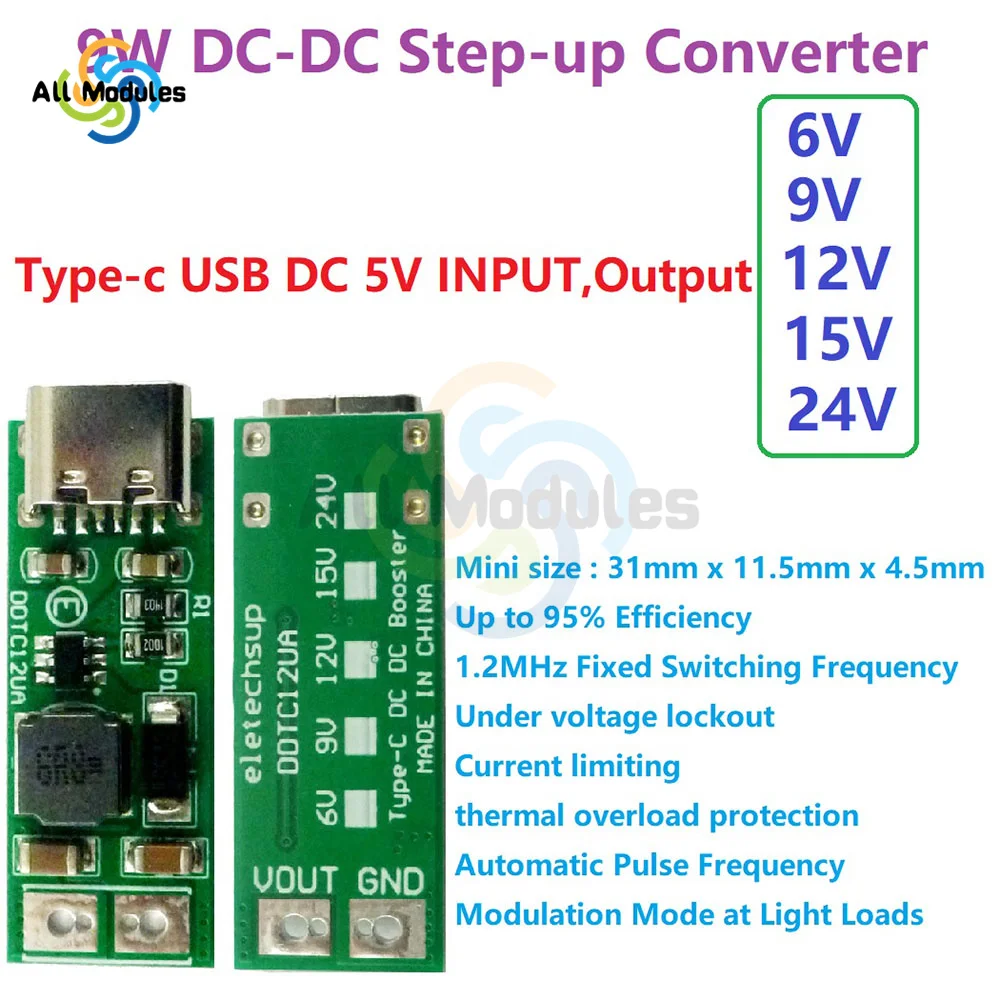 9W mini Type-C USB DC 5V to 6V 9V 12V 15V 24V DC DC Boost Step-up Converter PWM PFM Voltage Regulator Module