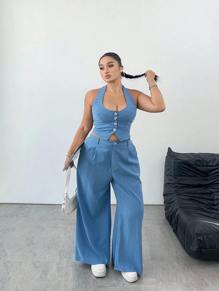 بالإضافة إلى حجم المرأة بروتيل تانك التعادل الرقبة والسراويل المستقيمة عارضة قطعتين مجموعة لون نقي أسلوب بسيط