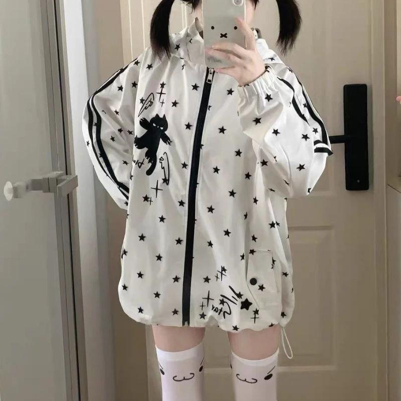 Harajuku Kawaii Y2K Subculture Women Black Cat Ear Star Print Long Sleeve Hooded Thin Sun Jacket Oversized Fit Daily Outfit