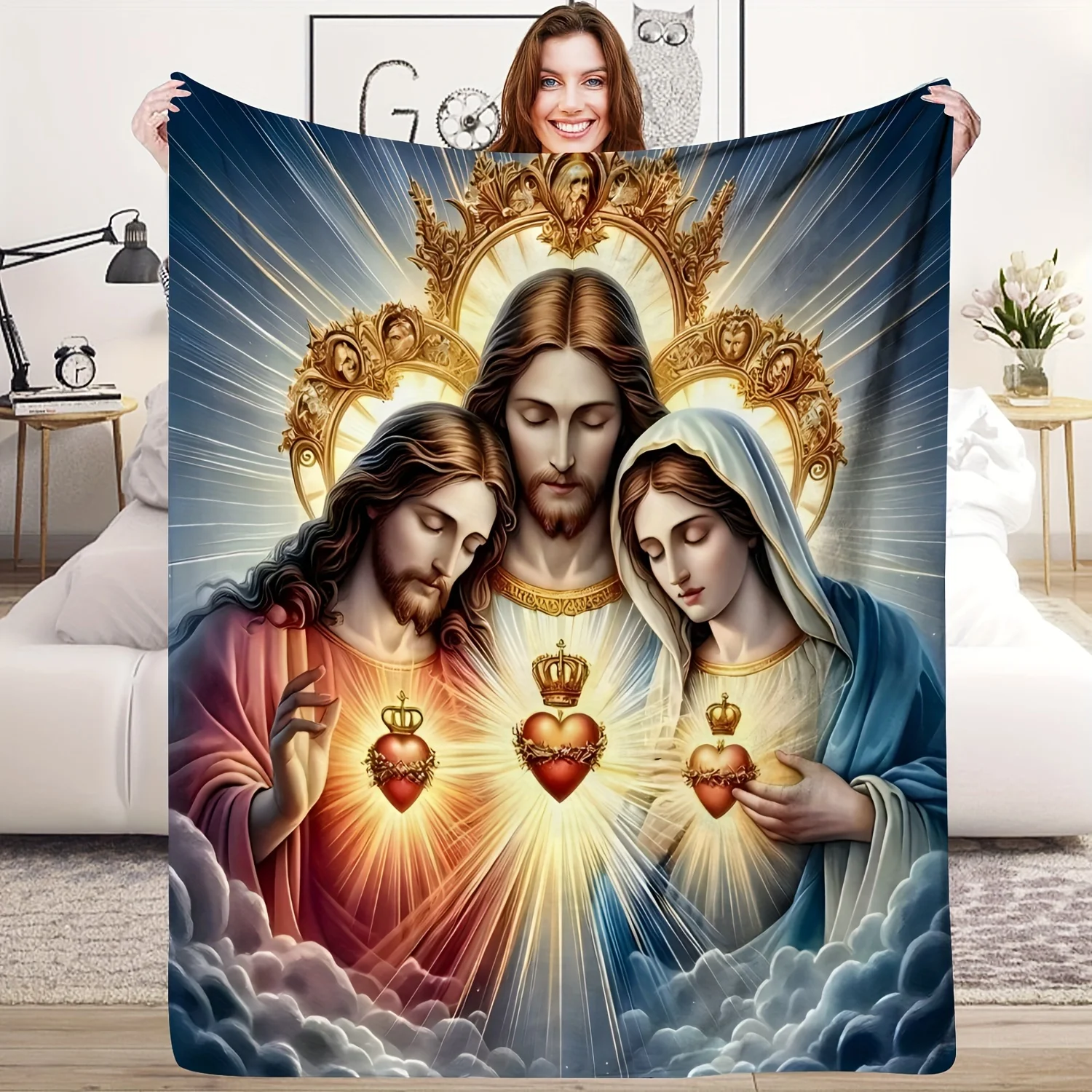 Holy Family Blanket Jesus Mary Joseph Sacred Heart Fleece Throw Soft Warm Religious Christian Catholic Bedding Sofa Cover Home