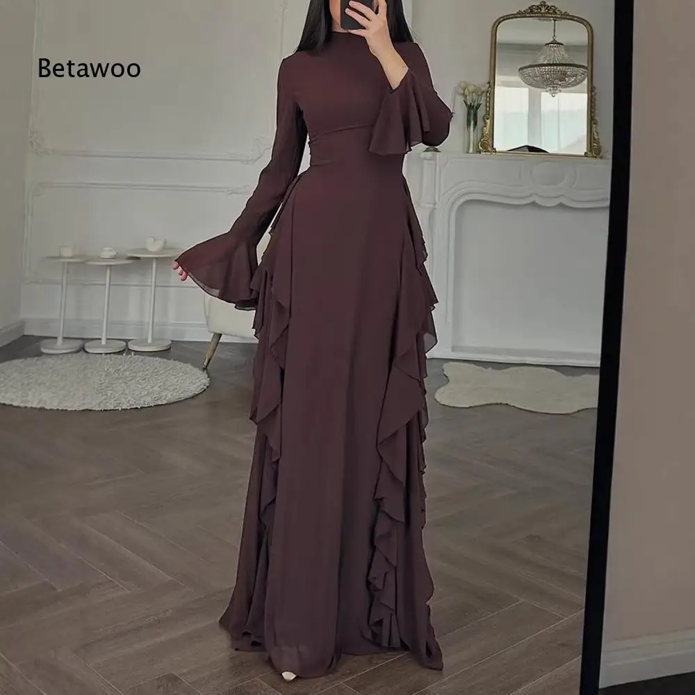 

Women's Elegant Long Sleeve Ruffle Trim A-Line Maxi Dress V-Neck Flowy Formal Evening Gown