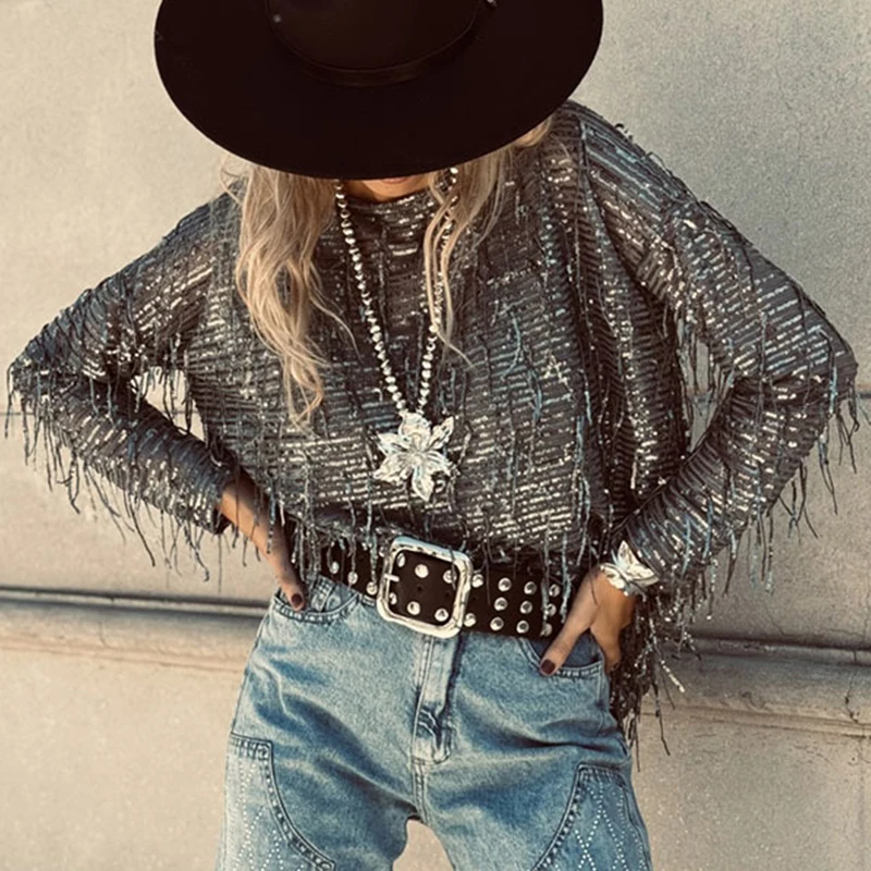 Casual Streetwear สีทึบพู่เสื้อ Elegant Vintage ฤดูใบไม้ร่วงหลวม Top เซ็กซี่ผู้หญิง O คอยาวแขนยาวเสื้อยืด
