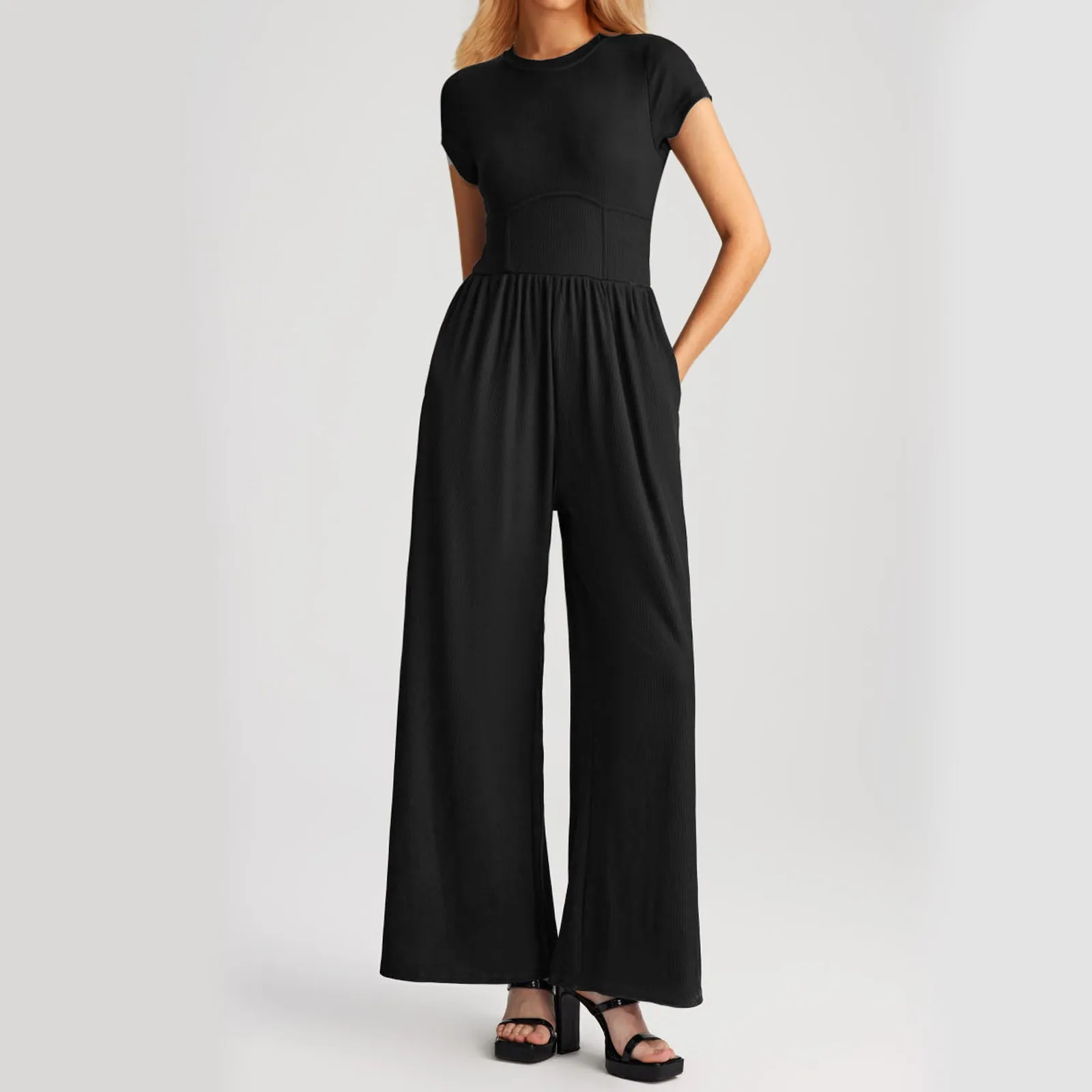 

Women Jumpsuits Summer O-Neck Short Sleeve Button Tunic Slash Wide Leg Pant Casual Overalls Full Trouser