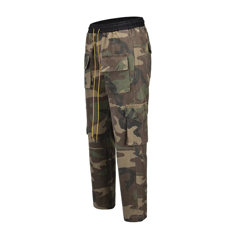 Same Style Sand-Washed Distressed Multi-Pocket Camo Pants Streetwear Vintage American Vintage Camouflage Drawstring Waist