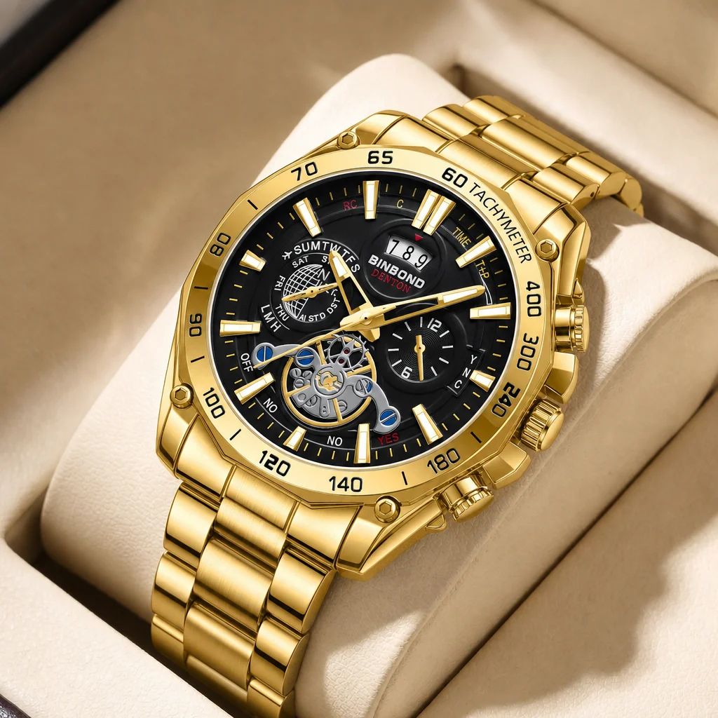 1pc Men's Watch with Fashionable Tourbillon Design, Multifunctional Metal Strap, Suitable for Business, Leisure, Daily W