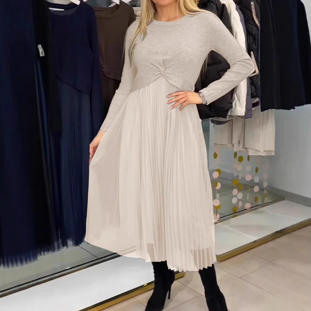 ใหม่จีบลูกไม้ชุดผู้หญิงแฟชั่น O คอพับผู้หญิง Dresswith Slim PARTY A-Line ชุดยาวฤดูใบไม้ผลิฤดูใบไม้ร่วง