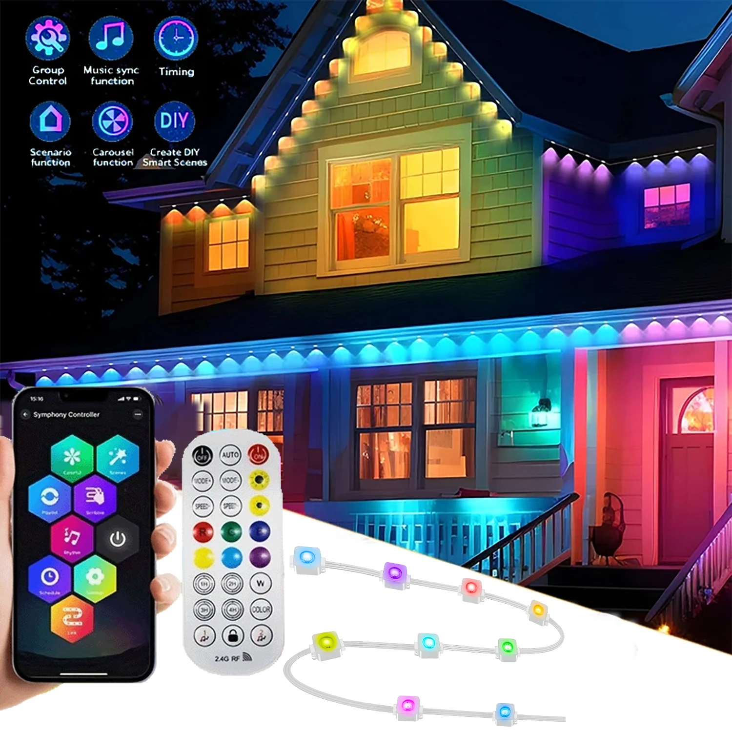 15M RGB Eaves LED Lights Permanent Outdoor Lights String APP Bluetooth Light Strip Scene Modes Full House Party Wedding Light